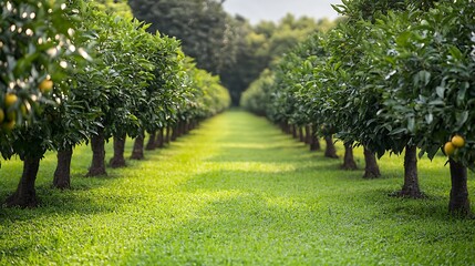 Lush green orchard with fruit trees and grassy path, nature's beauty high resolution image
