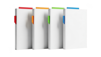 Four White Books with Colored Tabs isolated on transparent background blank cover