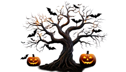  Spooky Halloween scene with silhouetted gnarled tree bats and jack-o-lantern, isolated on a_.png