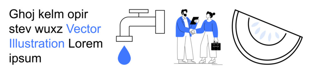 Fototapeta premium Business collaboration, water conservation, eco-awareness, contracts, environmental responsibility, creative design. a handshake, faucet with water drop and abstract items. Business collaboration