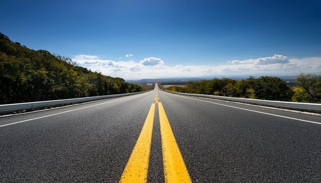 perspective view of an asphalt road with double yellow lines and white edge markings leading towards the horizon