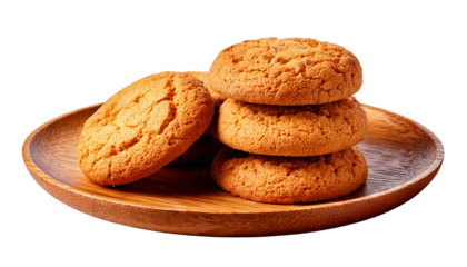  Stack of golden brown textured cookies on a wooden plate, isolated on a transparent backgrou.png