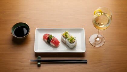 Elegant Fresh Sushi Platter with Drink on a Luxury Wooden Table, Top down flat fly