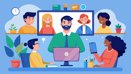 Flat vector illustration of remote team in video conference meeting, modern work culture concept.
