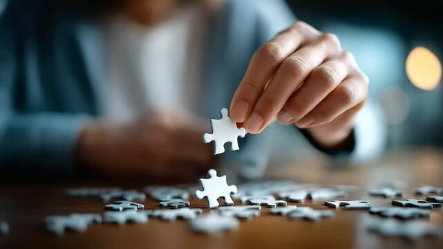 positioning final puzzle piece into board defocused completion background representing solution symbolism