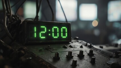Digital clock displaying 12 -00, illuminated with green light, in a dark setting.