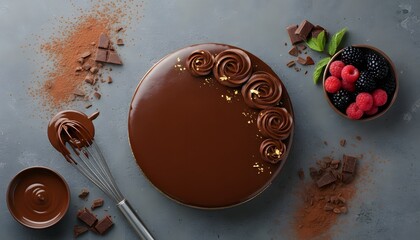 Delicious Chocolate Cake with Berries, Top Down flat fly