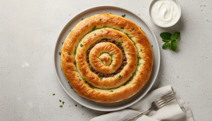 Spiral savory pie with meat filling, Top Down Flat Fly