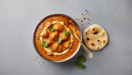 Delicious Butter Chicken Curry with Naan Bread, Top Down Flat Fly