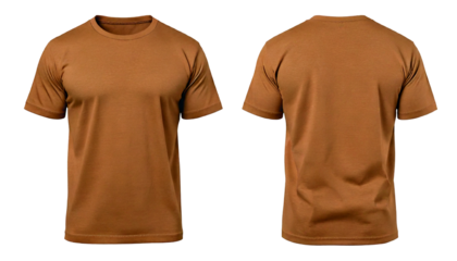 Tan Short Sleeve Crew Neck T Shirt Front and Back Views, isolated on a white or transparent