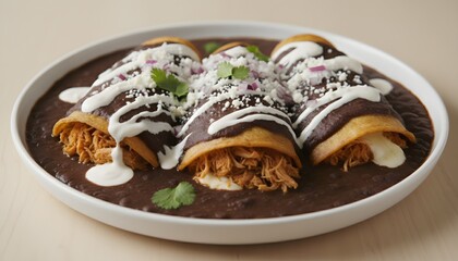 Delicious enchiladas topped with sauce and cheese, close up
