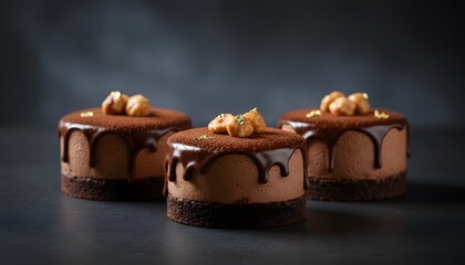 Three rich chocolate mousse cakes adorned with hazelnuts, close up