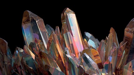 Colorful crystal formation with sharp peaks and iridescent sheen on black background, abstract geological structure