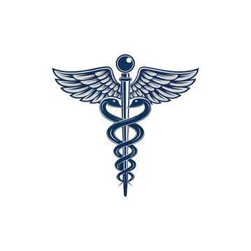 Dark blue caduceus medical symbol silhouette isolated on white background
