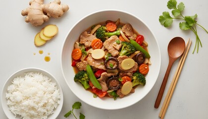Pork with Ginger and Colorful Vegetables served with Rice, top down fly