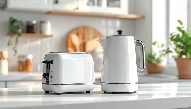 White Toaster and Kettle on Kitchen Counter.