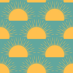 Abstract Sunset Seamless Pattern on Green Background. Minimalist Radiant Sunburst Ornament Background. Retro 70s Style Geometric Wallpaper. Mid-Century Modern Sunset Background.