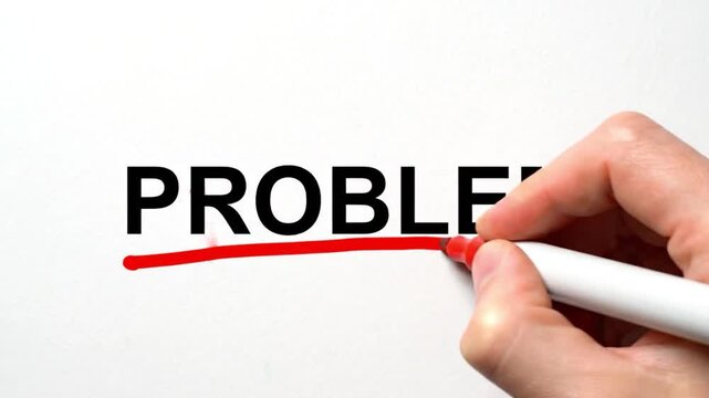 Hand Underlining the Word &ldquo;PROBLEM&rdquo; with Red Marker on White Paper, Business Concept for Challenges & Solutions, 4K Close-Up Shot