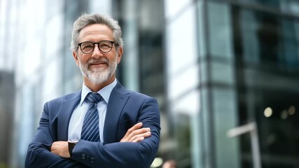 of accomplished senior corporate consultant observing camera faceless businessman defocused modern off