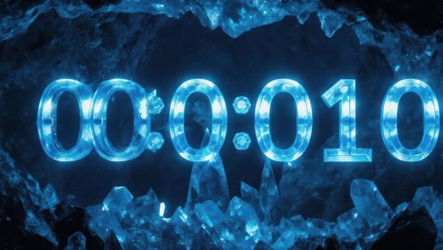 Digital Countdown Display Amidst Blue Crystal Formations - Ten Seconds Remaining.