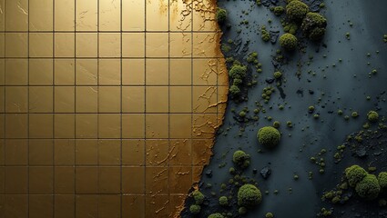 Contrasting Textures: Golden Tiles Meet Mossy Stone in an Abstract, Biomorphic Design