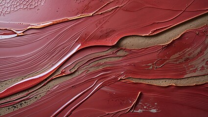 Obraz premium Abstract texture of peeling, cracked red paint, revealing layers of time and decay.