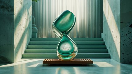 Beautiful transparent hourglass on wooden display in surreal interior with curtains and stairs