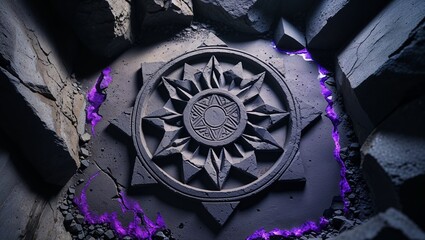 Ancient stone starburst seal surrounded by rocks and purple energy emanating from cracks