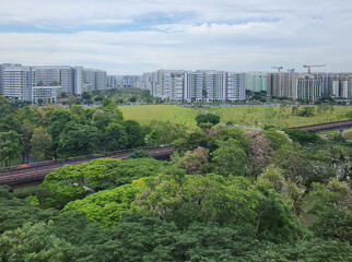 Obraz premium A train passed by the Sun Plaza Park, Tampines heartland district during bloom season - Singapore.