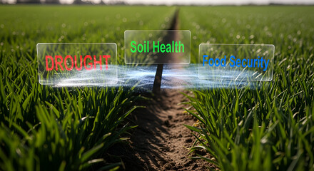 Digital overlay showing drought, soil health, and food security concepts in a green field