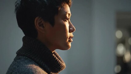 Contemplative young asian man slowly raising head and looking up in dramatic close-up for self-reflection concept and finding hope