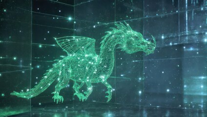 Digital dragon sculpture in a futuristic environment with glowing particles.