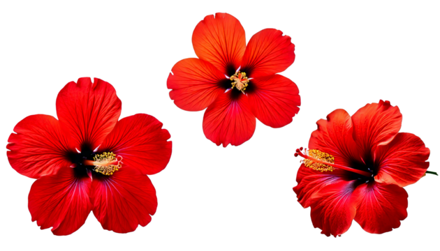 Three vibrant red hibiscus flowers with yellow stamens, isolated on a white or transparent b.png - Powered by Adobe