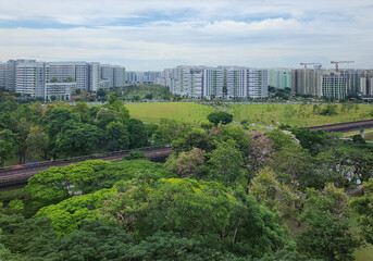 Fototapeta premium A train passed by the Sun Plaza Park, Tampines heartland district during bloom season - Singapore.