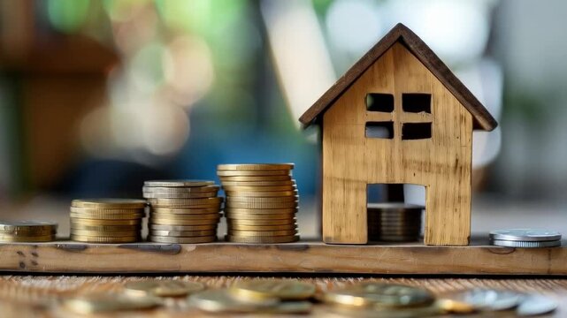 A wooden house against a backdrop of growing stacks of coins symbolises financial growth and stability, which fits perfectly into the atmospheric background for articles about investments or real esta