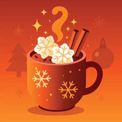 Festive holiday hot cocoa mug flat illustration on gradient background. Winter hot drink topped marshmallows shaped like snowflakes, cinnamon sticks and chocolate sprinkles. Stars and smoke elements.