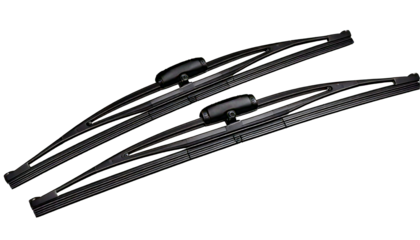 Two dark grey car windshield wiper blades, with angled diagonally on a, isolated on a transp 