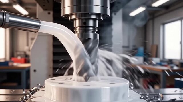 A metal milling cutter processes a metal billet