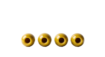 Four pitted light green olives, glossy skin, arranged linearly on a pristine, bright white studio surface. Soft, high-key lighting, copy space. Concept of gourmet healthy food