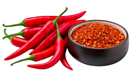 Vibrant red chili peppers and a bowl of crushed red pepper flakes, isolated on a white 