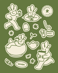 Fototapeta premium Ceremonial matcha green tea sticker pack cute character line art doodle collection
