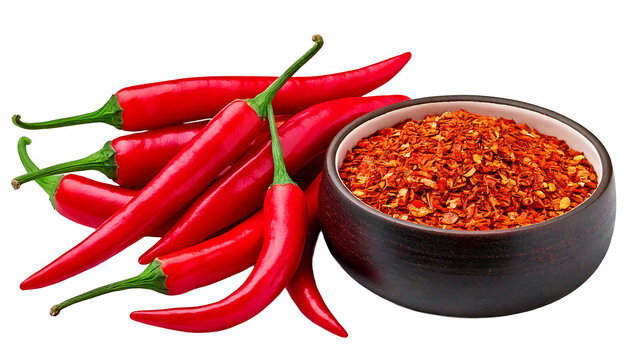 Vibrant red chili peppers and a bowl of crushed red pepper flakes, isolated on a white 