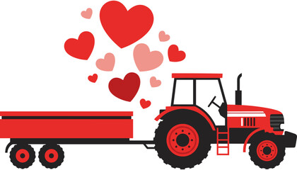 Red farm tractor with trailer hauling red and pink hearts, creative agriculture themed Valentine's Day greeting isolated on white background. © Delowara