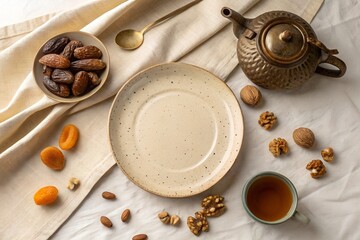Flat lay photography of an empty ceramic plate in the center, surrounded by dates, dried apricots