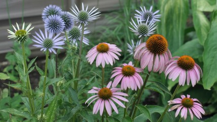 Fototapeta premium Summer Garden Flowers: Echinacea and Globe Thistle