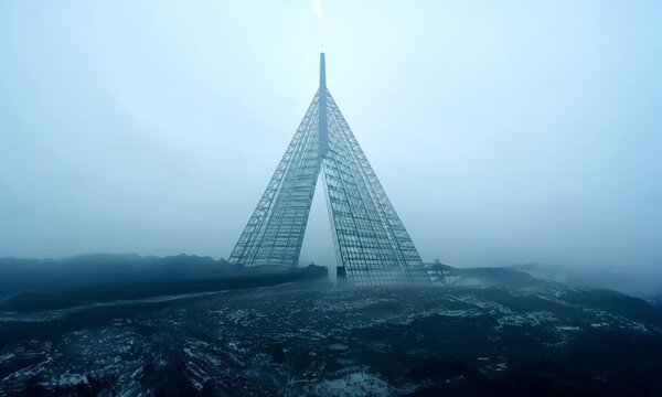 This stunning video showcases a towering, geometric structure shrouded in mist, standing stark against a rocky landscape. The architecture blends with the natural surroundings, evoking feelings of mys