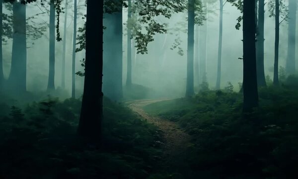 This haunting video transports viewers into a mystical forest shrouded in fog. A winding path leads through towering trees, creating an enchanting yet eerie atmosphere that invites exploration and ref