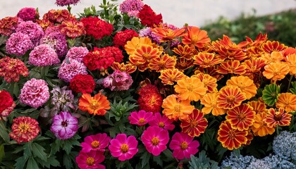 Colorful Clusters Of Blooming Flower Bushes With Vibrant Petals And Lush Foliage