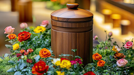 Elegant wooden cremation urn placed on a table, surrounded by orange and burgundy flowers.