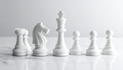 White Chess Pieces on Marble Surface.